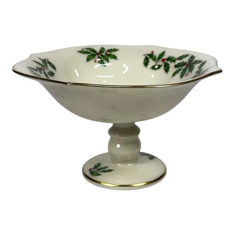 Lenox Holly & Berry Pedestal Holiday Compote Dish Christmas 24K Gold Vintage